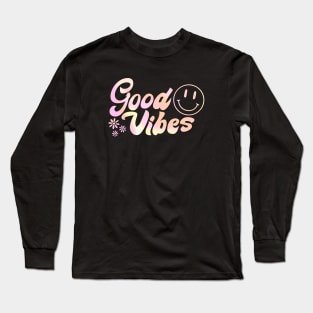 Groovy Vibes: 70s-inspired Art with Pink & Yellow Text and Smiley Face Long Sleeve T-Shirt